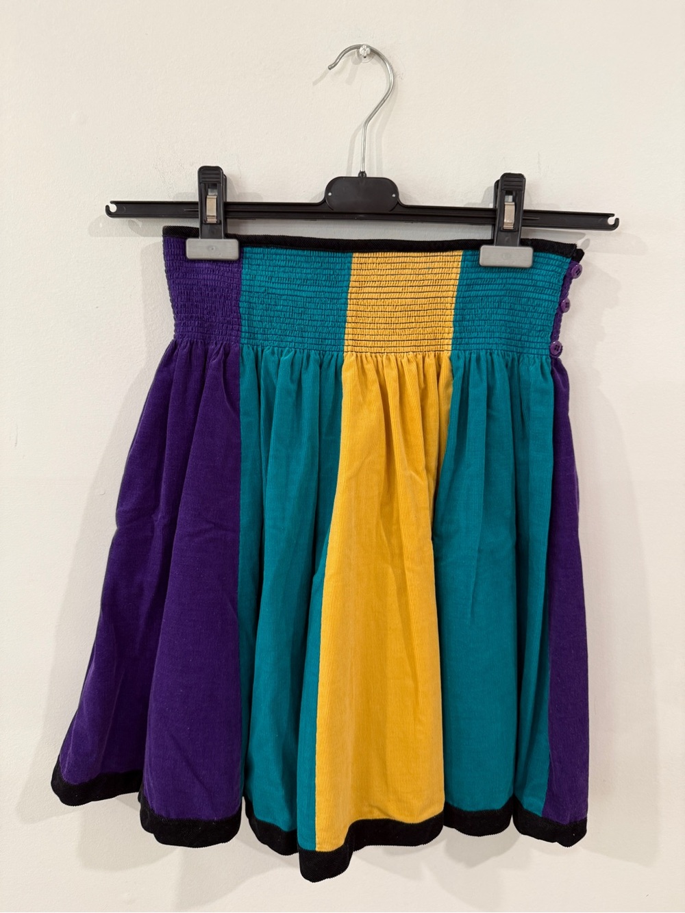 Vintage Kenzo Colorblock Smocked Waist Mini Skirt - Purple Teal Yellow